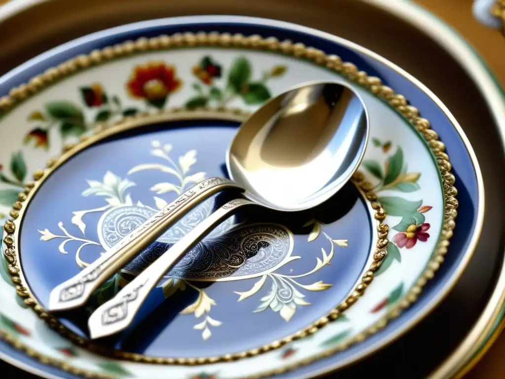 Una cuchara de plata renacentista y plato de porcelana con detalles elaborados de historia cultural en la presentación de comida renacentista