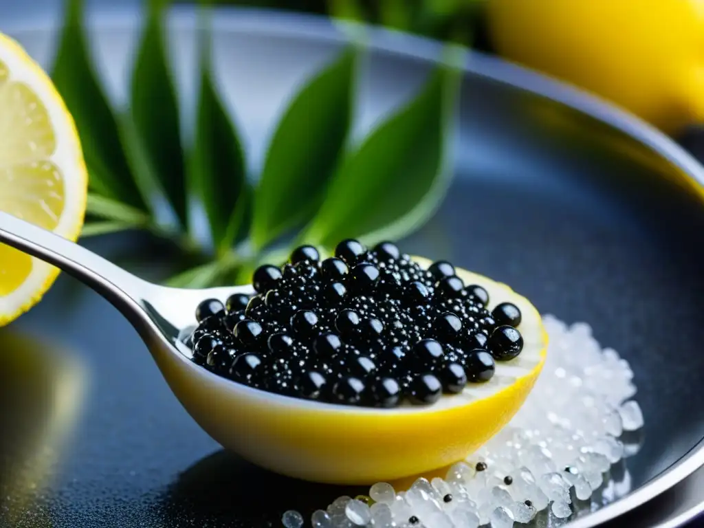 Una cucharada de caviar negro brillante en una cuchara de nácar, rodeada de lujo y elegancia