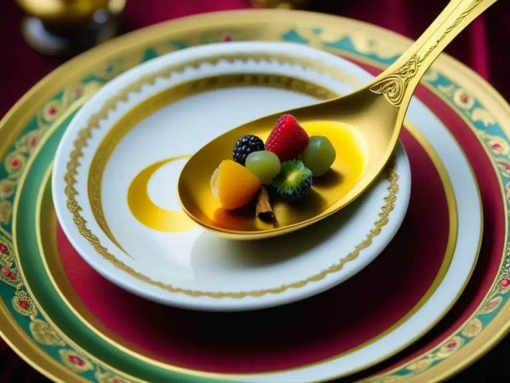 Una cucharada real de lujo: frutas exóticas y especias en un plato de porcelana