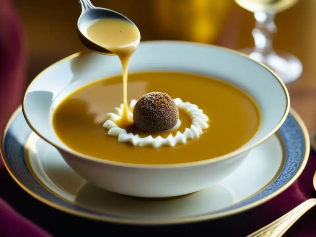 Suntuosa sopa de trufa: lujo y elegancia en cada cucharada Una cucharilla de oro en una lujosa sopa de trufa francesa en cuenco de porcelana antigua