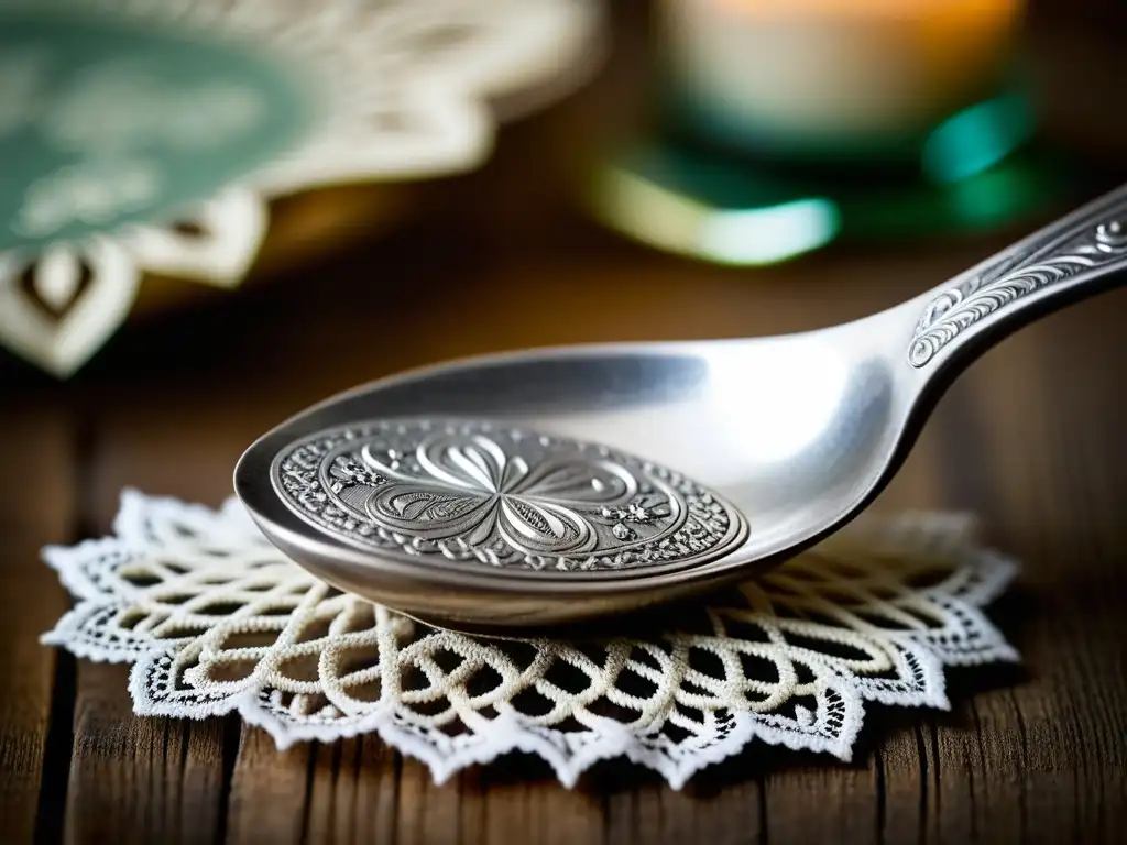 Cuchara de plata antigua: historia grabada en cada detalle Una cucharilla de plata antigua, con grabados detallados y pátina en una mesa rústica