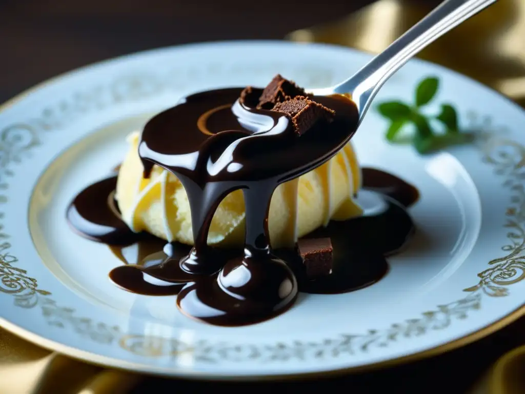 Una cucharilla de plata vierte chocolate sobre un postre decadente en un elegante escenario barroco