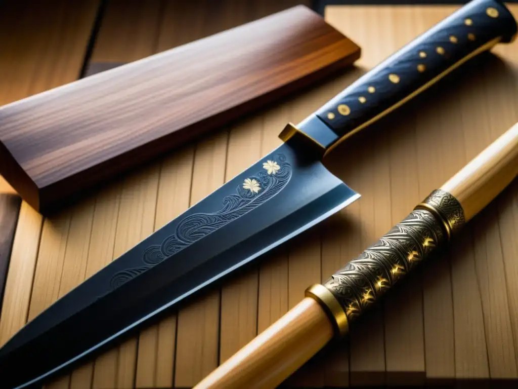 Un cuchillo de chef samurái con grabados detallados en la hoja y mango de madera, en una cocina tradicional japonesa