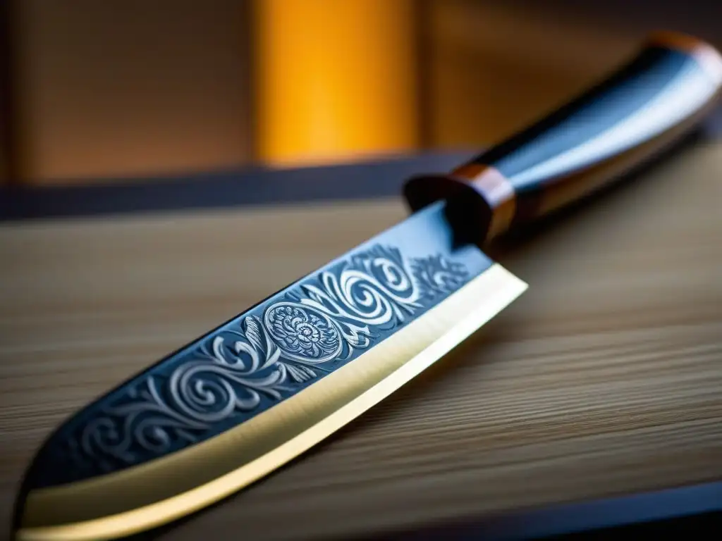 Un cuchillo de cocina japonés tradicional muestra su artesanía detallada en metal y madera, reflejando la luz ambiental