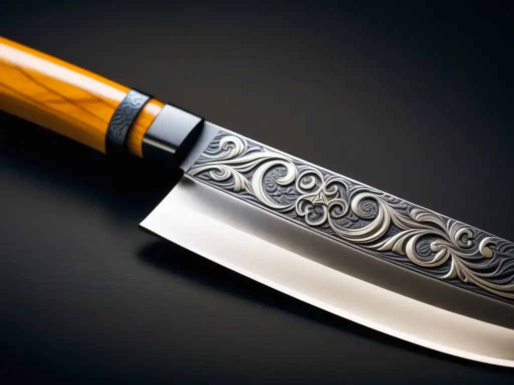 Un cuchillo de cocina samurái tradicional, detallado y forjado, reflejando la artesanía de los utensilios cocina tradicionales samurái