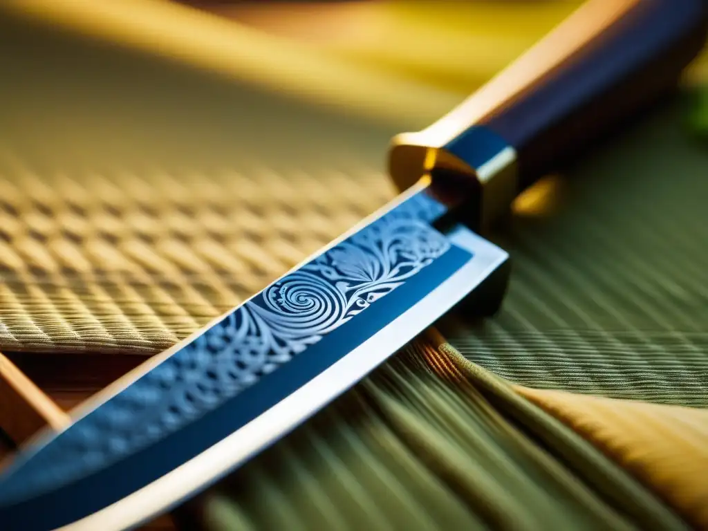 Un cuchillo Deba japonés con hoja de acero de Damasco y mango de seda, en una cocina samurái con utensilios históricos