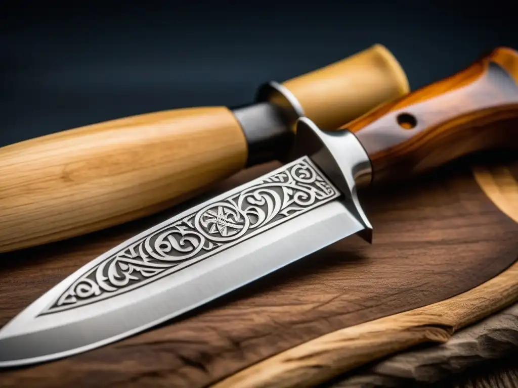 Navaja vikinga forjada a mano con símbolos nórdicos grabados Un cuchillo vikingo artesanal detallado, con grabados nórdicos en la empuñadura y filo afilado