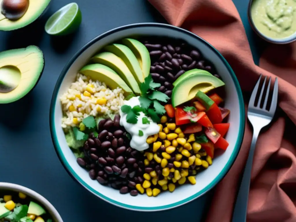 Un cuenco de burrito TexMex vegano contemporáneo, con arroz cilantro-lima, frijoles negros, maíz, pico de gallo, aguacate y crema de anacardo