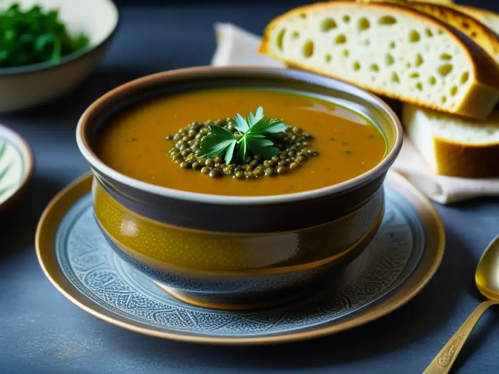 Un cuenco de cerámica bizantina rebosante de sopa de lentejas, decorado con aceite de oliva, perejil y sumac