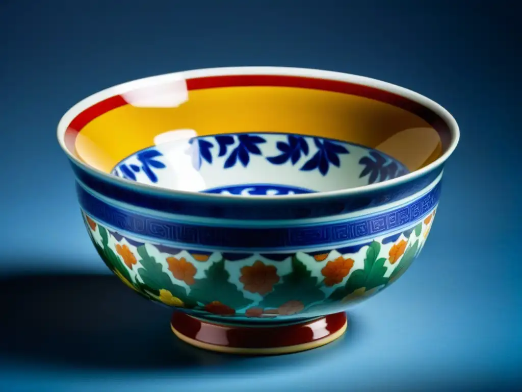 Exquisita cerámica Ming con manjares chinos: legado culinario Un cuenco de cerámica de la dinastía Ming rebosante de delicias chinas tradicionales, resaltando la rica herencia culinaria