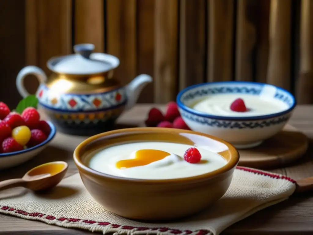 Delicioso yogurt armenio: tradición en un tazón de cerámica Un cuenco de cerámica lleno de yogur armenio casero, adornado con miel dorada y bayas frescas