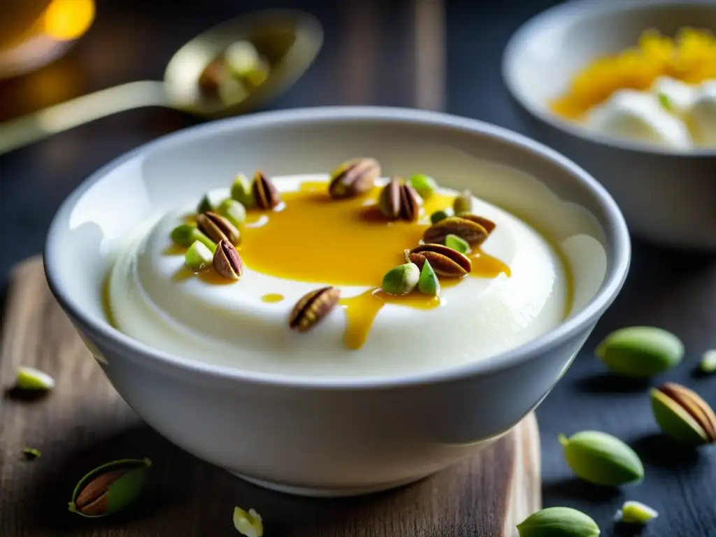 Un cuenco de cerámica con yogur, miel y pistachos, evocando la historia del yogur en Medio Oriente