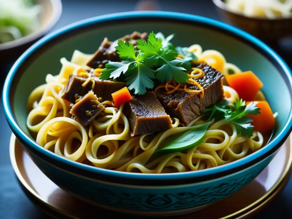 Un cuenco de fideos 'Laghman' muestra la fusión gastronómica de recetas históricas en la cocina Uyghur