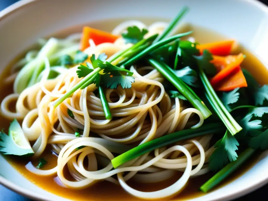 Un cuenco de fideos IndoChinos humeantes, con colores y texturas vibrantes