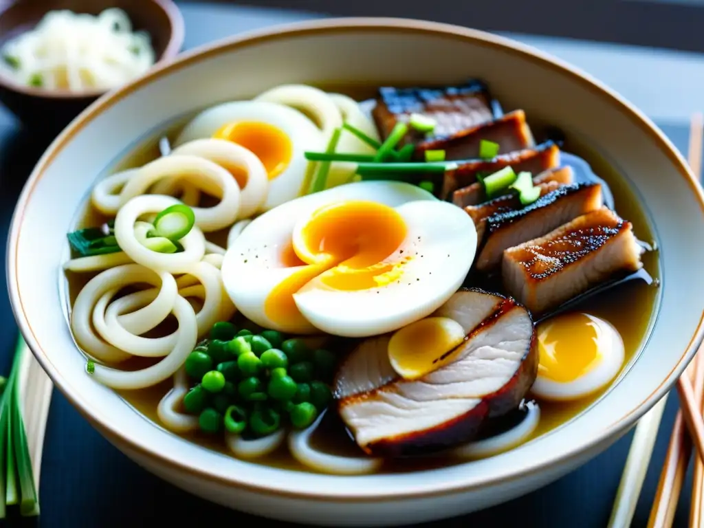 Un cuenco de fideos udon y soba históricos, bañados en caldo y adornados con cerdo, cebolla y huevo