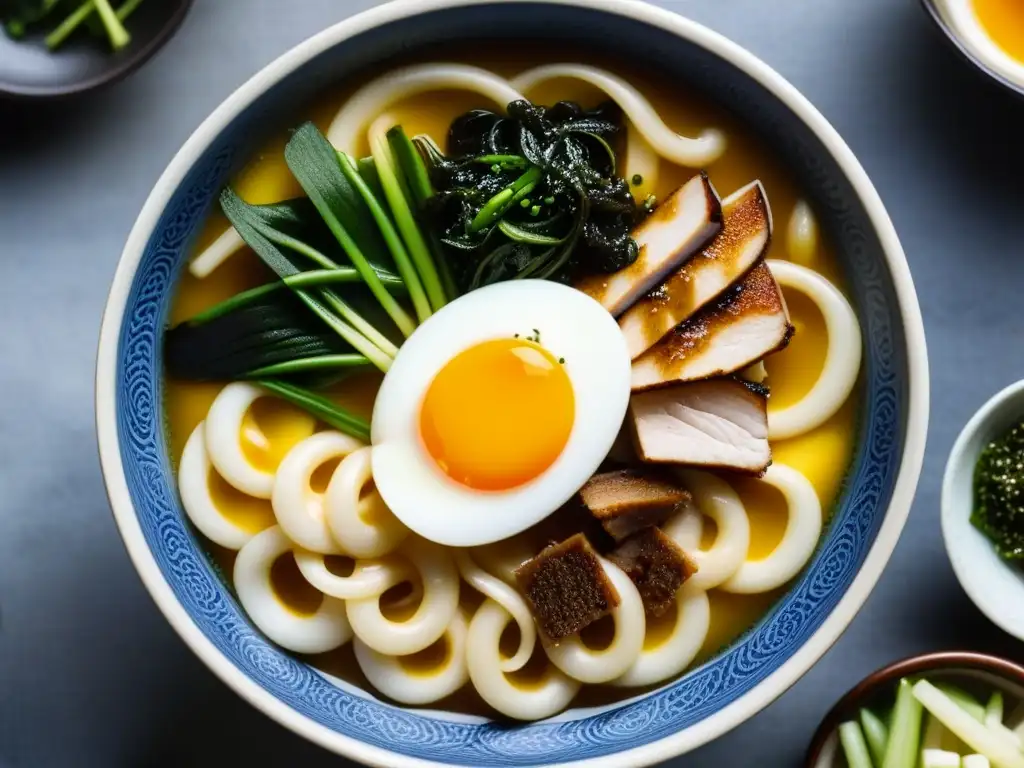 Un cuenco de fideos udon y soba históricos, con caldo, carne de cerdo, huevo, algas y cebolla