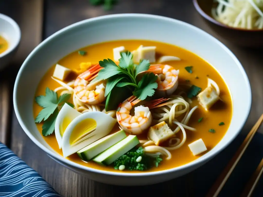 Un cuenco humeante de Laksa, con capas de leche de coco, caldo picante, fideos, camarones, tofu, brotes de soja y hierbas frescas