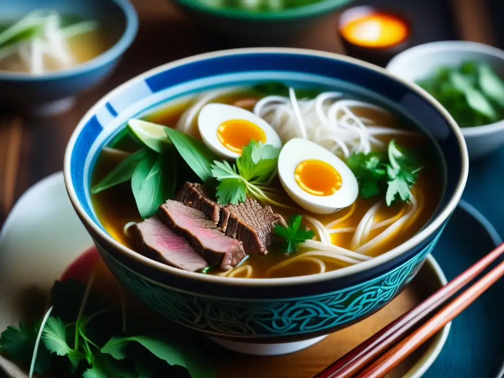 Un cuenco de sopa Pho humeante y detallado, con carne tierna, hierbas frescas, brotes y fideos de arroz