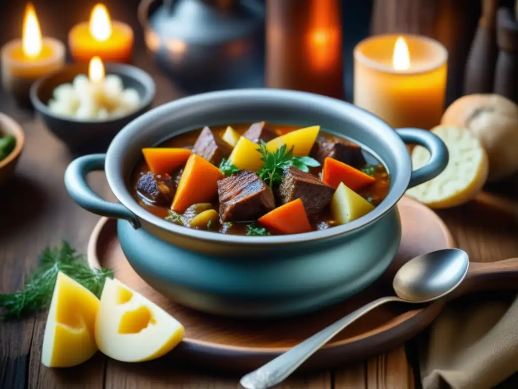 Deliciosa estofado medieval: sabores y aromas históricos Un cuenco humeante de estofado medieval con ingredientes vibrantes bajo la luz de las velas