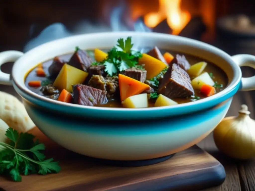 Un cuenco humeante de estofado vikingo, con trozos de carne, verduras y hierbas, en una mesa rústica