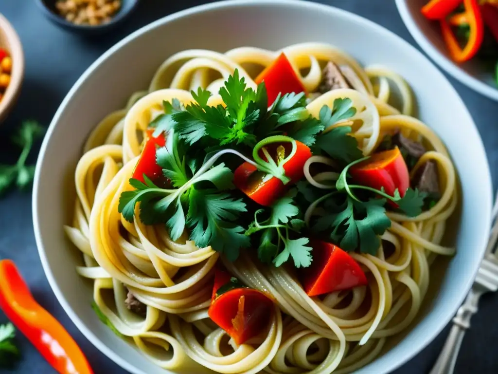 Un cuenco humeante de fideos Laghman artesanales, con trozos de cordero y hierbas frescas, representa la mezcla cultural en la Ruta de la Seda