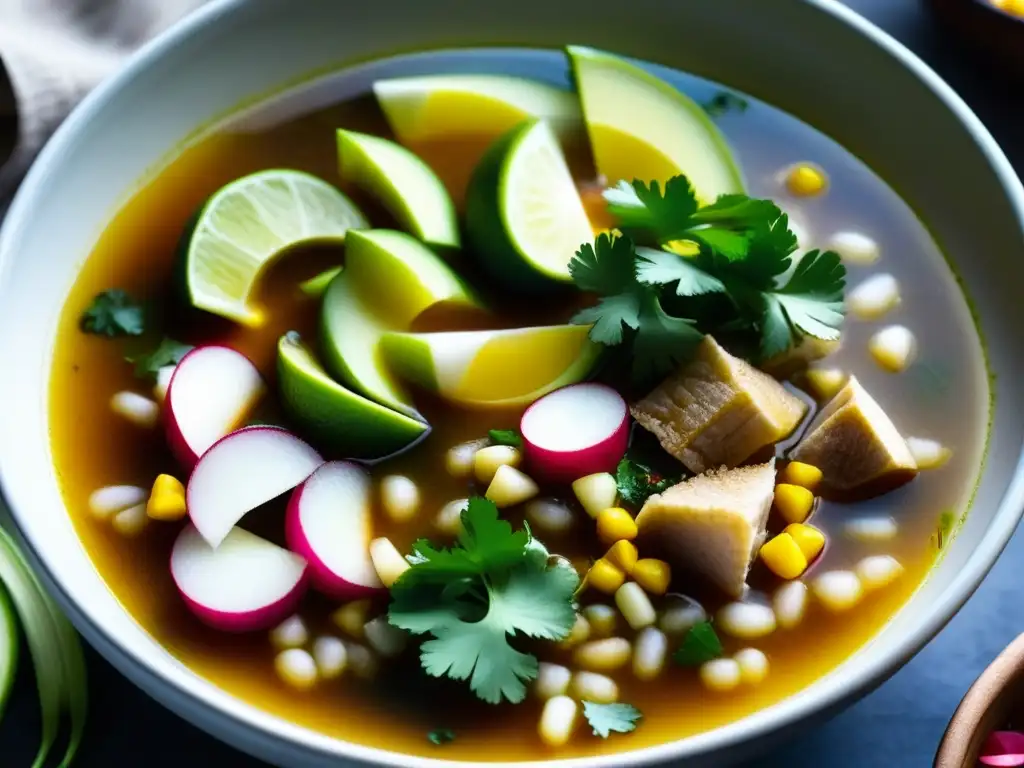 Un cuenco humeante de pozole, con maíz, cerdo, rábanos y limón