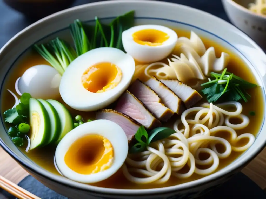 Un cuenco humeante de ramen japonés tradicional, con detalles exquisitos y giros modernos en su presentación