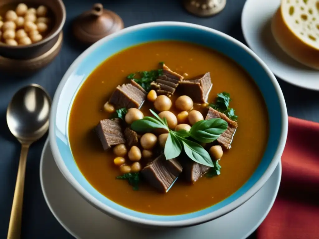 Un cuenco humeante de sopa bizantina con cordero, garbanzos y especias, resaltando texturas y colores