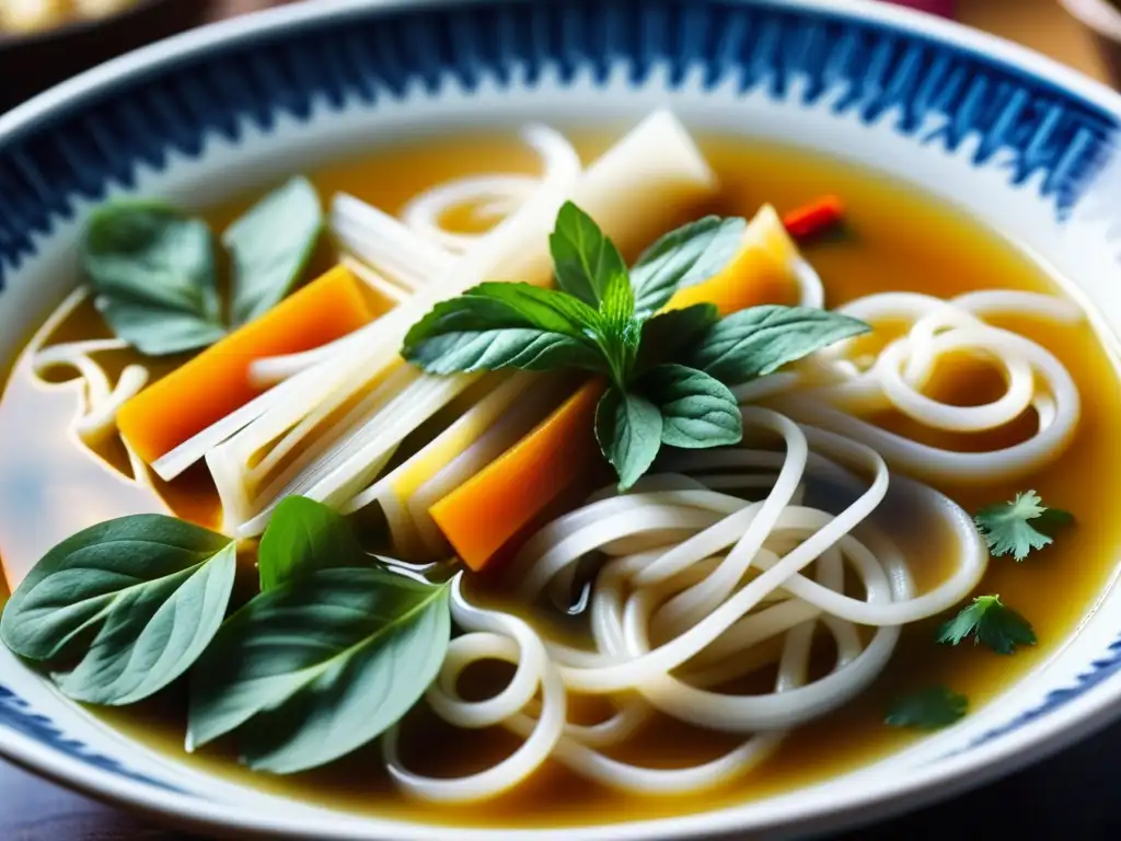 Un cuenco humeante de sopa de fideos asiáticos tradicional, con hierbas frescas y especias, envuelto en vapor