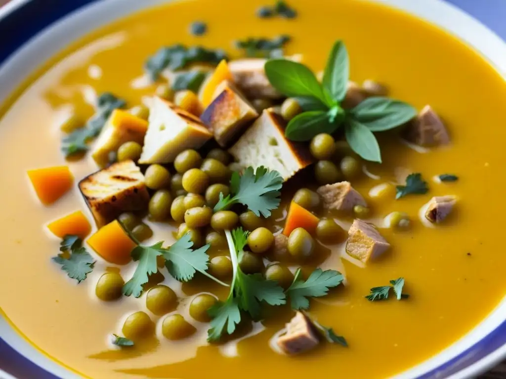 Un cuenco humeante de Sopa Mulligatawny, una delicia culinaria con historia cultural, llena de colores y aromas tentadores