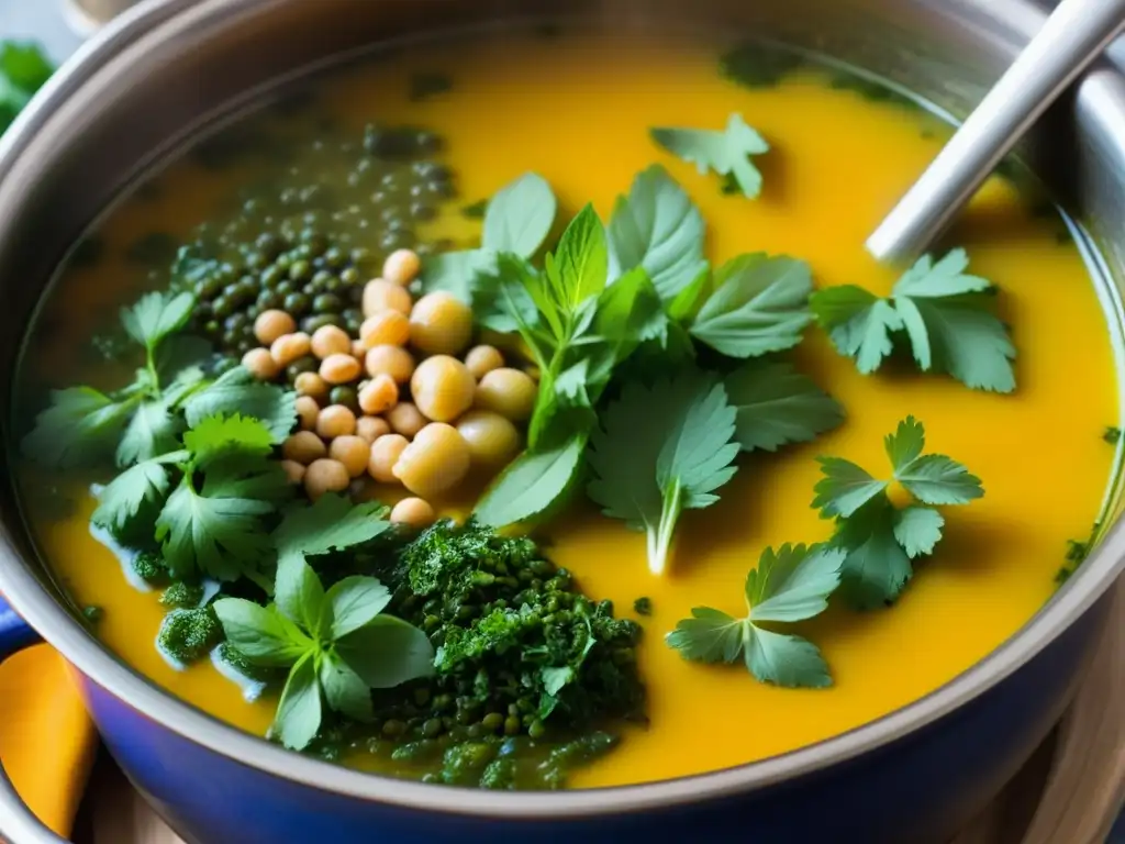 Un cuenco humeante de sopa tradicional persa Ash Reshteh, con capas de hierbas, frijoles, fideos y especias en un caldo rico