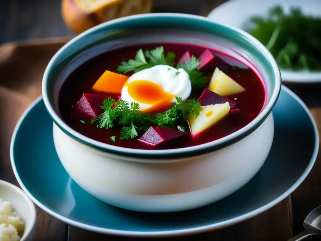 Un cuenco humeante de sopa borsch tradicional, con crema agria, eneldo fresco y pimentón