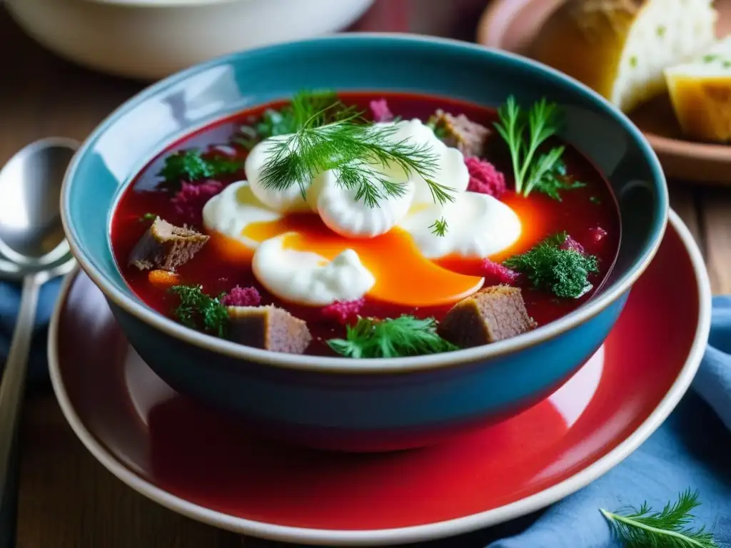 Un cuenco humeante de borsch tradicional eslavo con crema agria, en un ambiente reconfortante y vibrante