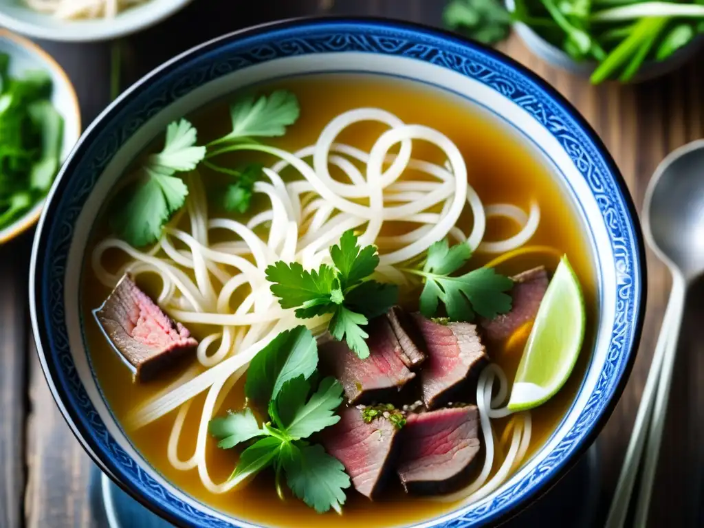 Un cuenco humeante de Pho tradicional, con finas rebanadas de carne, hierbas frescas y fideos de arroz en un caldo aromático