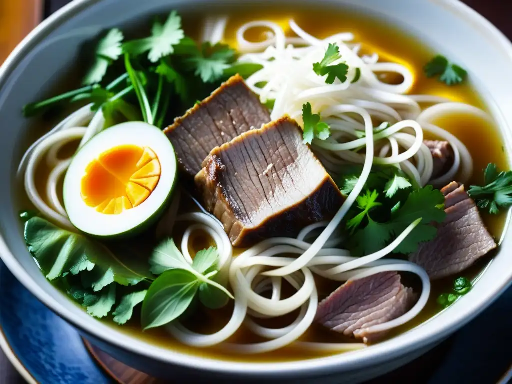 Un cuenco humeante de pho vietnamita, con finas capas de carne, hierbas frescas y fideos en un caldo sabroso