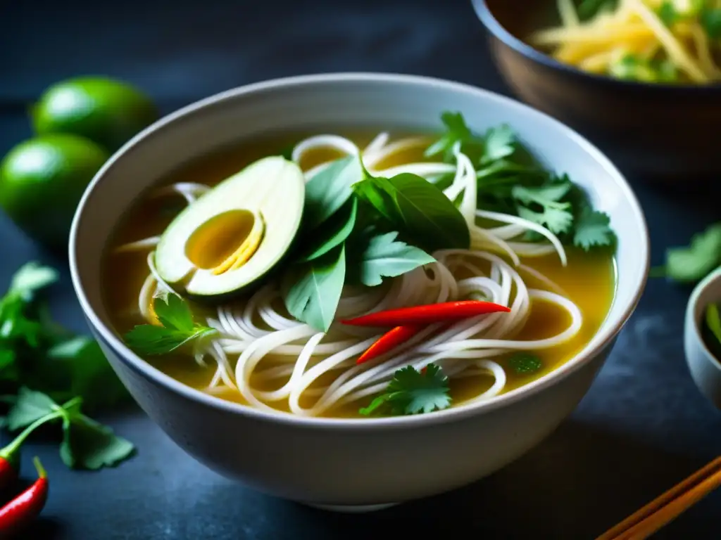 Un cuenco humeante de Pho vietnamita, con hierbas frescas, brotes de soja, lima y chiles, fusionando ingredientes históricos de la cocina IndoChina