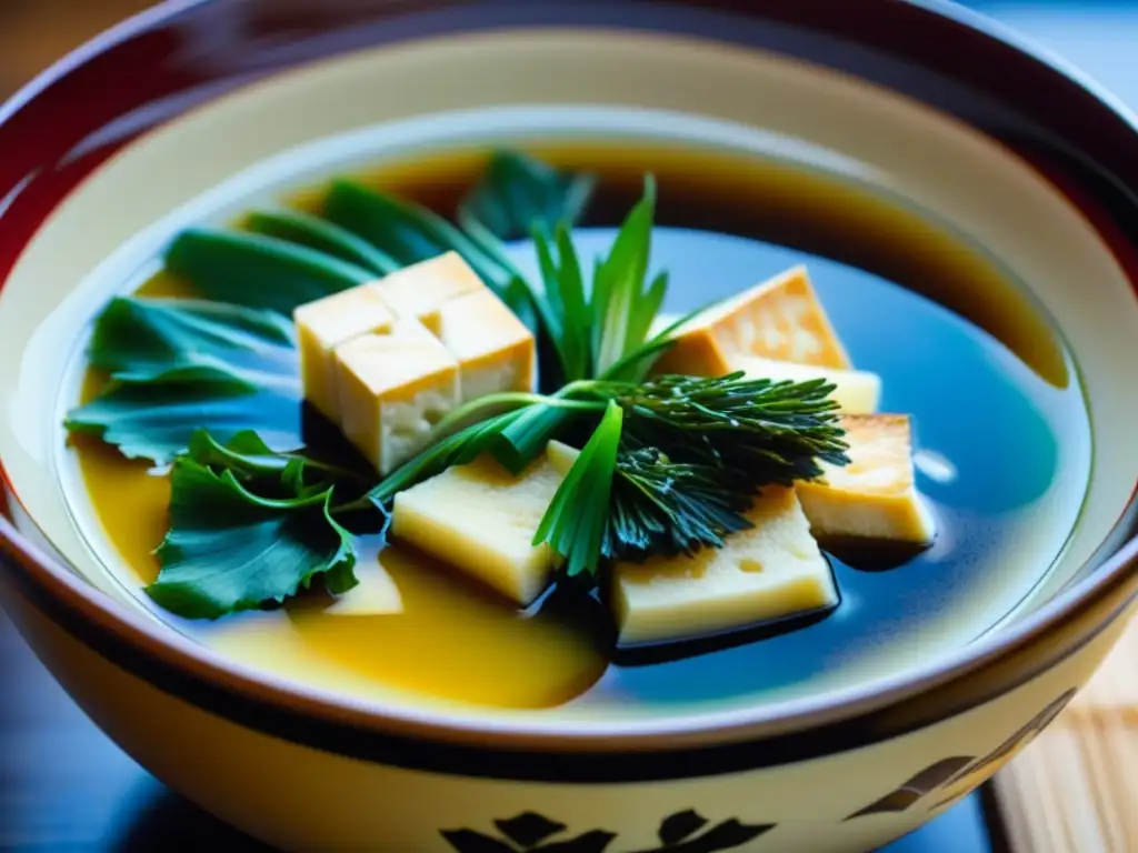 Un cuenco japonés lacado con sopa de miso humeante, tofu, algas y cebolla verde