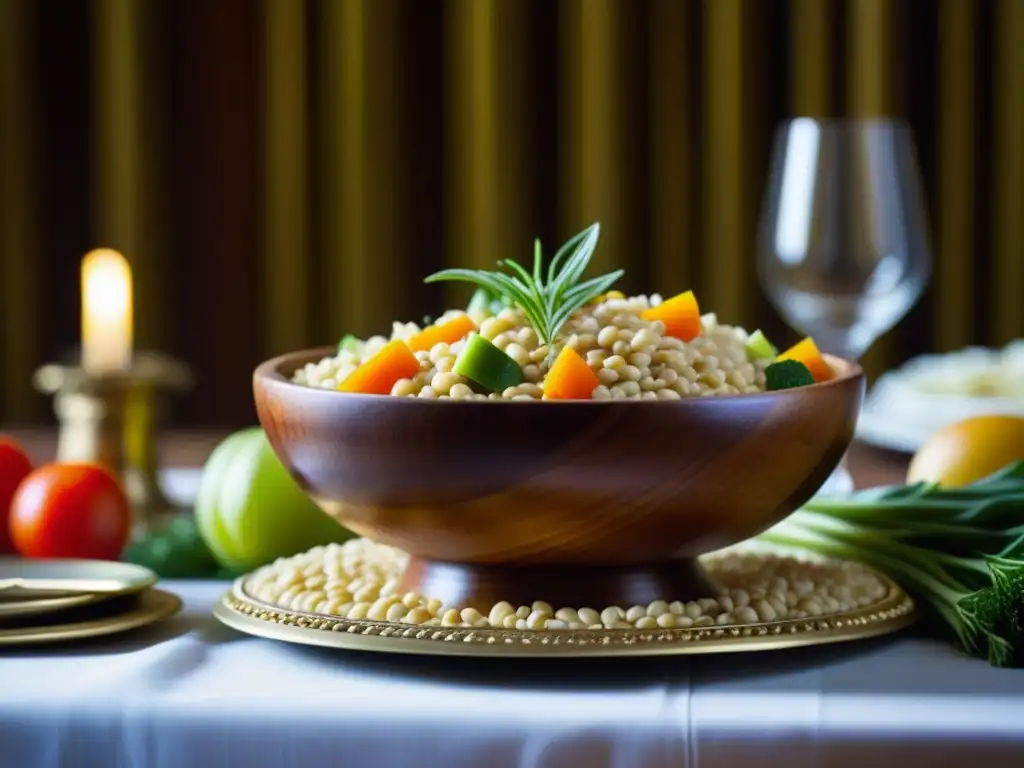 Un cuenco de madera con ingredientes rústicos en una mesa lujosa