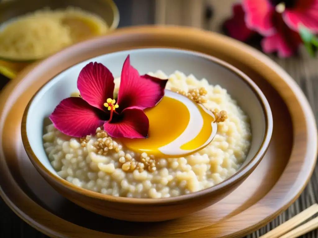 Un cuenco de madera rebosante de porridge de sorgo africano, adornado con pétalos de hibisco rojo y miel dorada