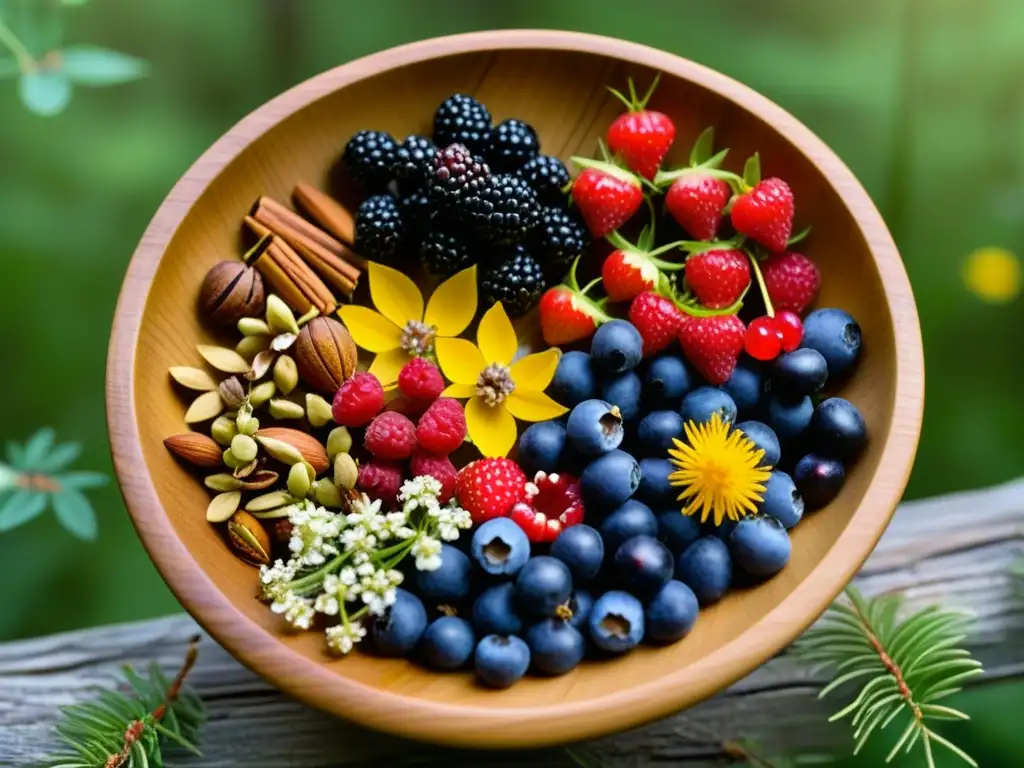 Un cuenco de madera tallada con frutos y nueces rodeado de flores silvestres, en un bosque nórdico previkingo