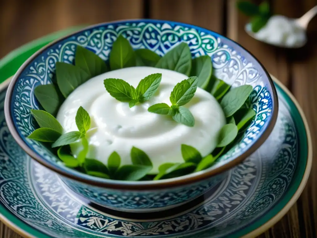 Un cuenco otomano de cerámica con yogur cremoso, menta fresca y detalles artísticos