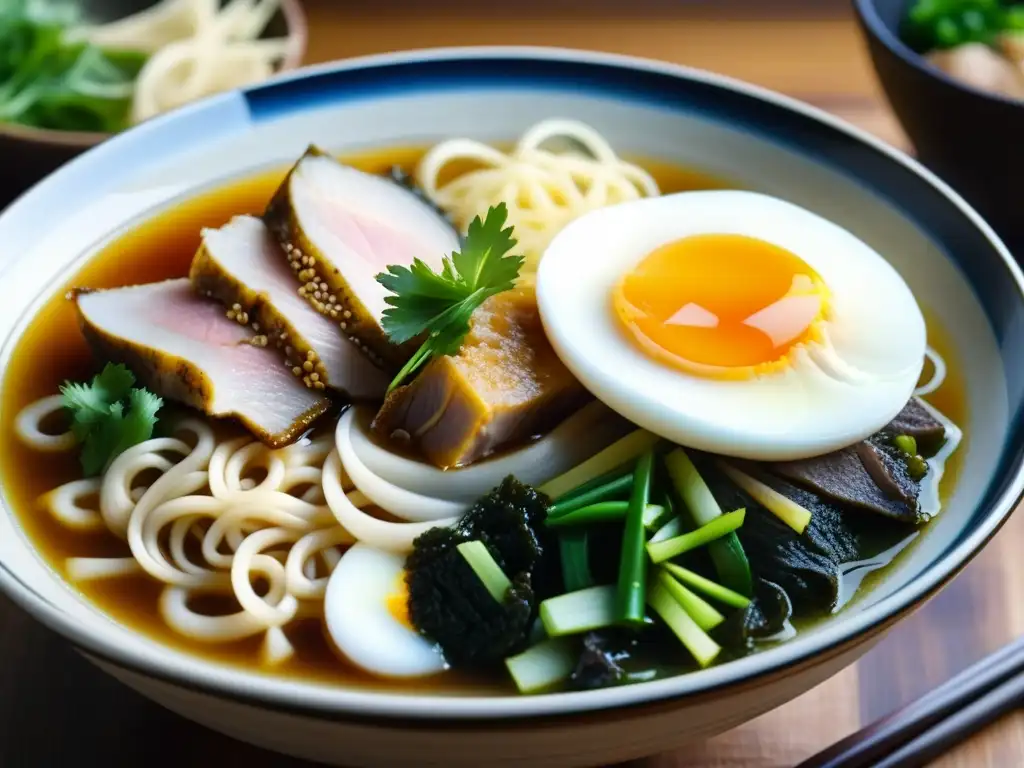 Un cuenco de ramen japonés tradicional, con capas de fideos, cerdo chashu, huevo y nori, bañados en caldo tonkotsu