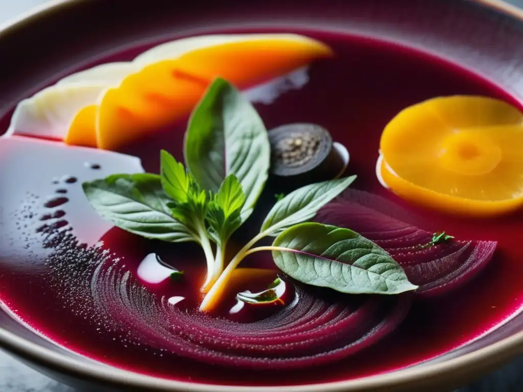 Saborea la esencia del borsch rojo con cada detalle Deléitate con un cuenco de borsch rojo vibrante, mostrando capas de remolacha, zanahoria, patata y hierbas en un caldo rico