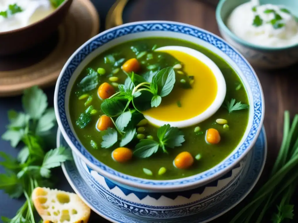 Un cuenco de sopa tradicional persa Ash Reshteh, con hierbas verdes, frijoles coloridos, fideos y aderezos, en un tazón de cerámica con diseños persas