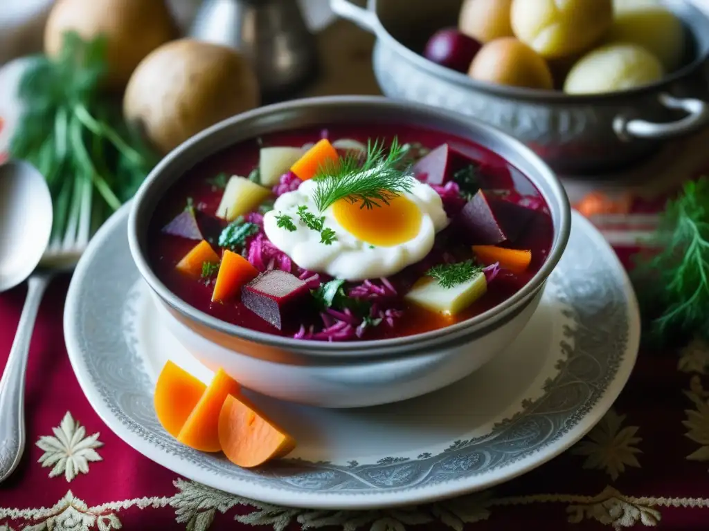 Un cuenco de sopa Borsch tradicional en una mesa lujosa de la era de los Zares