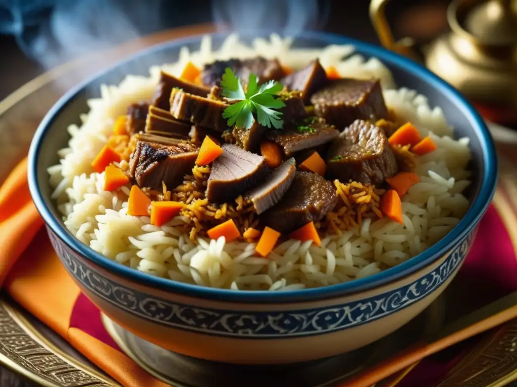 Un cuenco de plov uzbeko tradicional, con capas de arroz, cordero, zanahorias y especias, emanando vapor