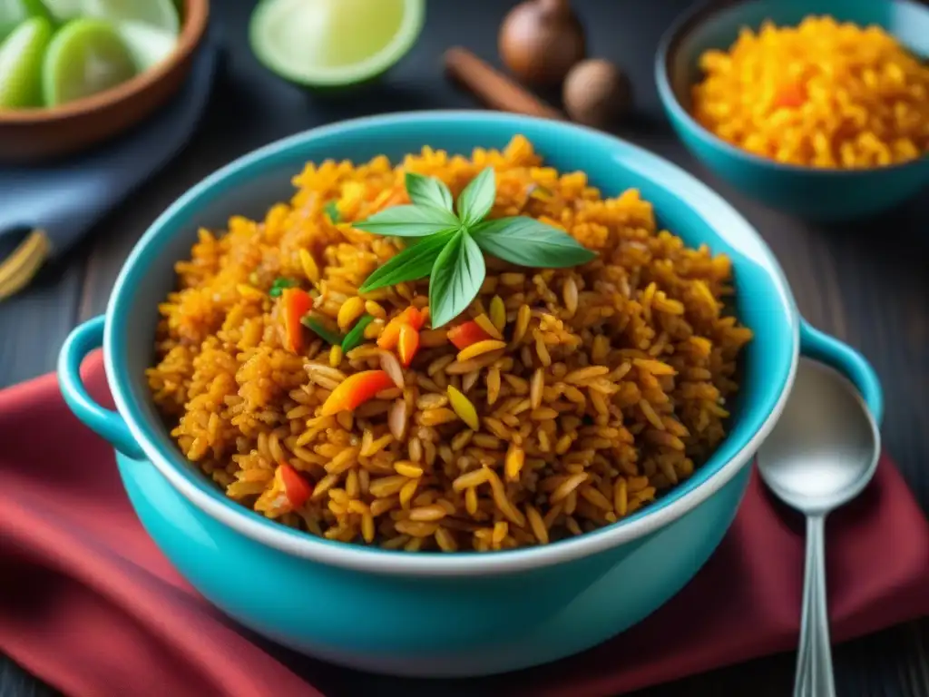 Un cuenco vibrante de arroz jollof, plato tradicional africano, fusionando culturas en recetas coloniales africanas historia culinaria