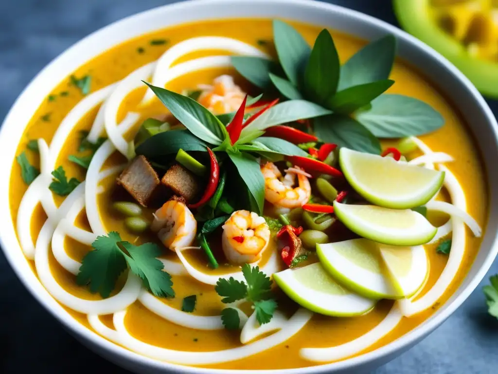 Un cuenco vibrante de Laksa malasio con influencias culinarias del sudeste asiático