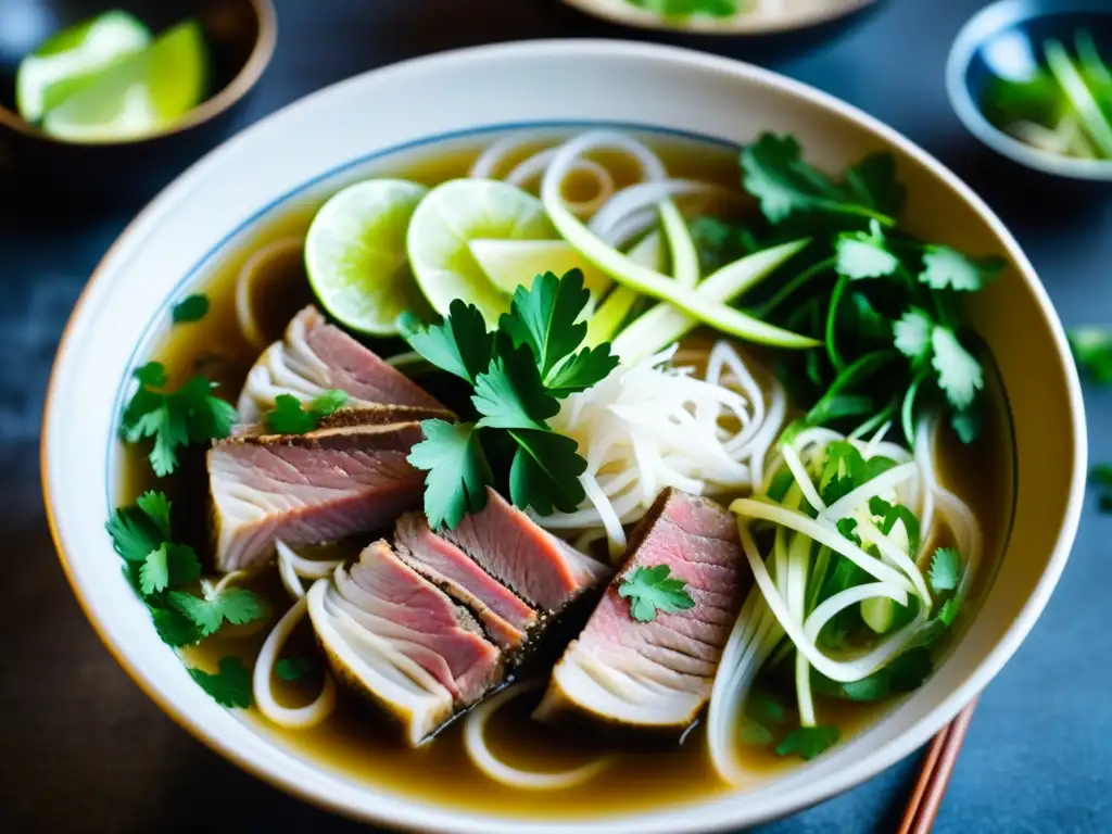 Un cuenco de pho vietnamita con detalle, mostrando capas de caldo, fideos, carne, hierbas frescas y limón, en un cuenco de cerámica tradicional