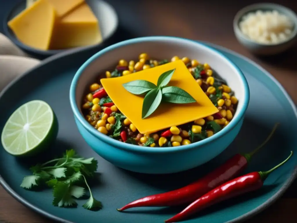 Un cuenco vintage rebosante de ingredientes coloridos: chiles picantes, maíz dorado, queso fundido y cilantro fresco